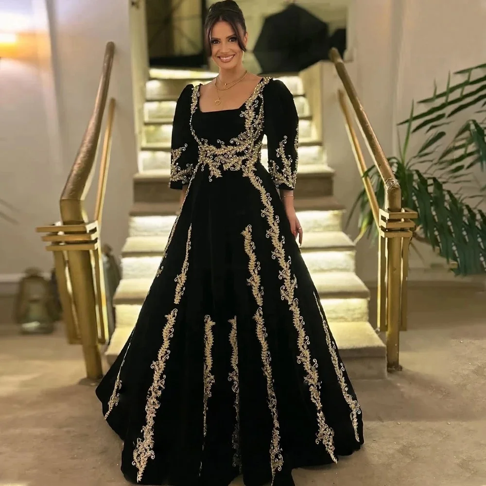 

Black Moroccan Kaftan Caftan Muslim Evening Dresses A-line 3/4 Sleeves Appliques Dubai Arabic Abaya Islamic Gown Customized