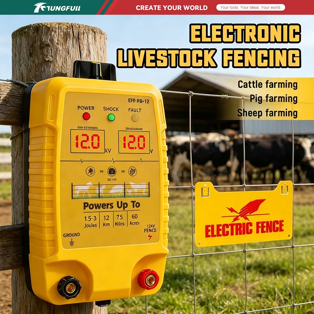 Waterproof 12km Electric Fence Energizer Livestock Animal Fence Controller for Sheep Cattle Pig Poultry Farming Shepherd Tool