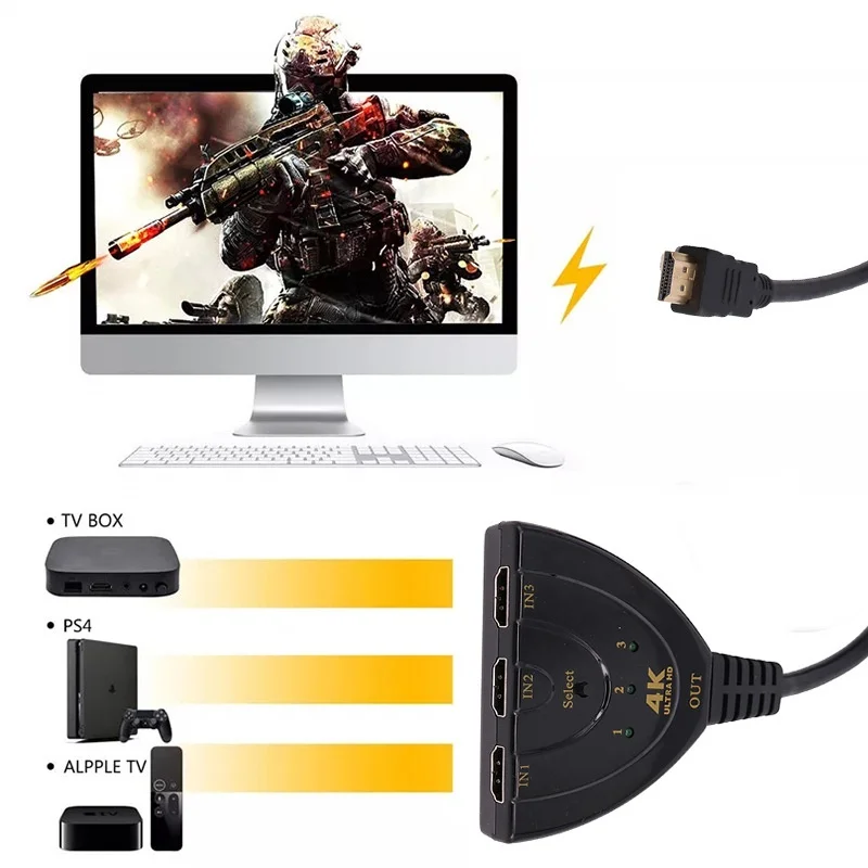 4K HDTV Splitter 3 In 1 Out 3-Port HD Switcher Selector HD Cable Supports Full HD 4K 1080P 3D Player HDTV,PS4 Game Console