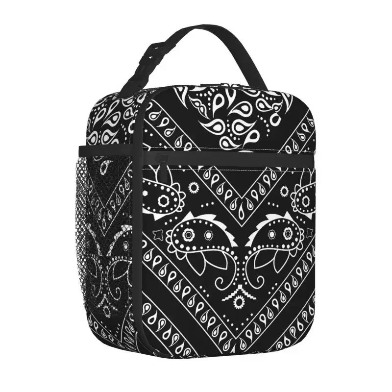 Colorful Paisley Black Bandanna Border Scarf White Insulated Lunch Bag Portable Reusable Thermal Lunch Box for Picnic Travel