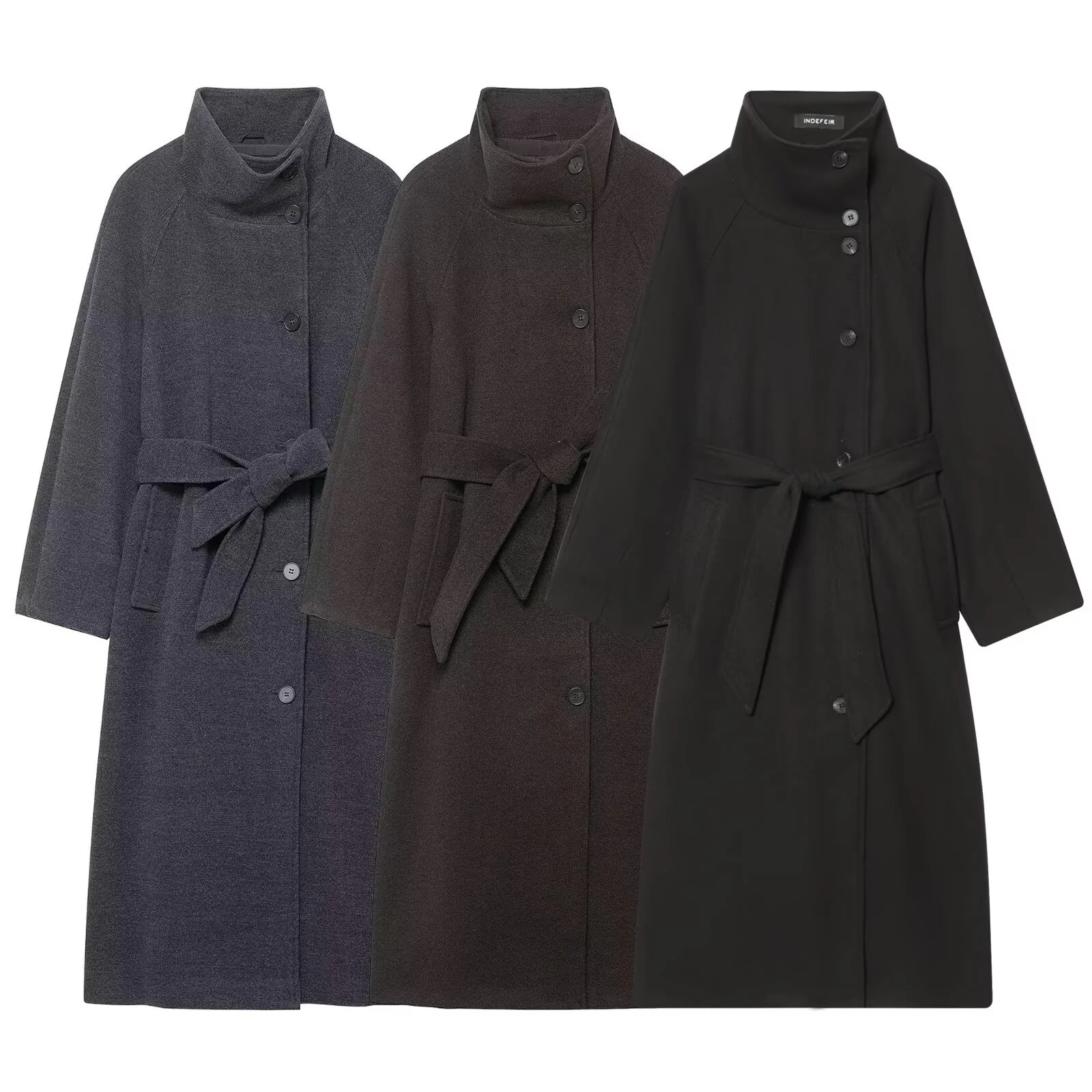 

Женская одежда в европейском и американском стиле, новинка 2025, модное однотонное пальто с воротником-стойкой и поясом, куртка