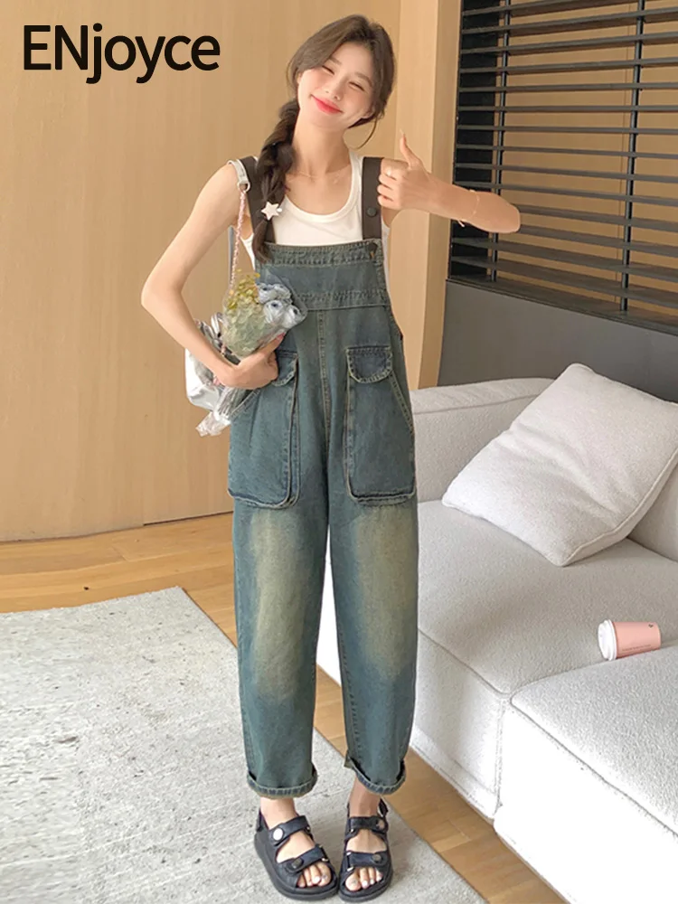 

2024 Summer Women Vintage Color Suspender Denim Jumpsuits Y2K Streetwear Korean Fashion Jeans Playsuit Bodysuits Overalls