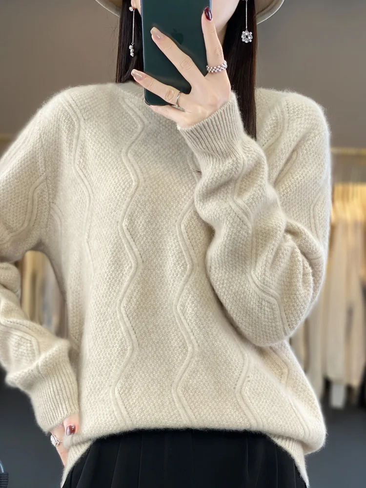

Autumn Winter O-Neck Wave Stripe Long Sleeve Thickening Pullover 100% Merino Wool Knitwear Women's Sweater Soft Keep Warm Tops