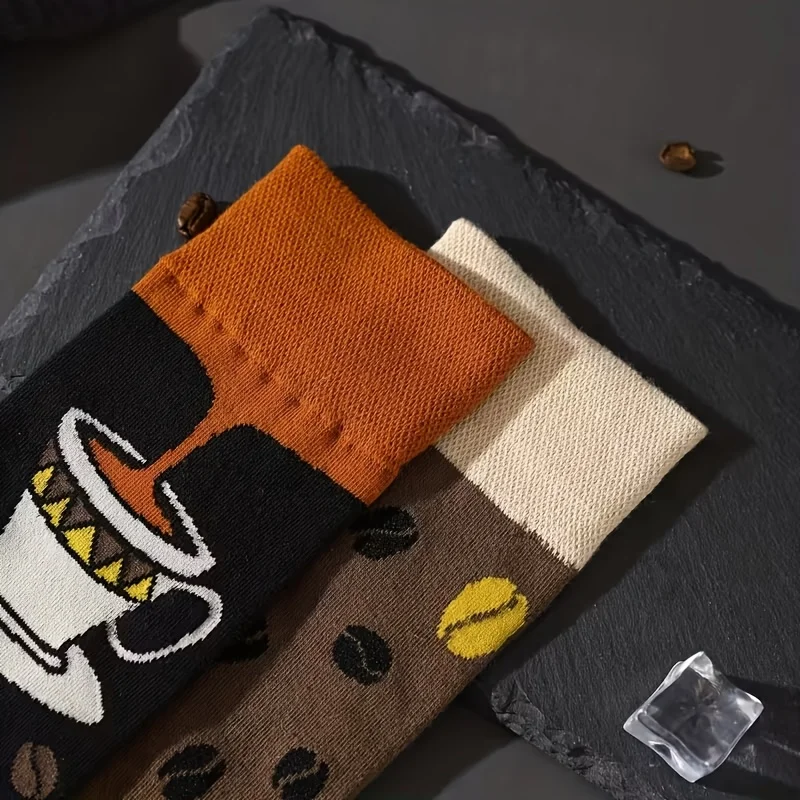 Men Mid-Calf Socks Coffee Theme Style Pattern AB Asymmetrical Creative Individual Spring Autumn Breathable Comfortable Wear