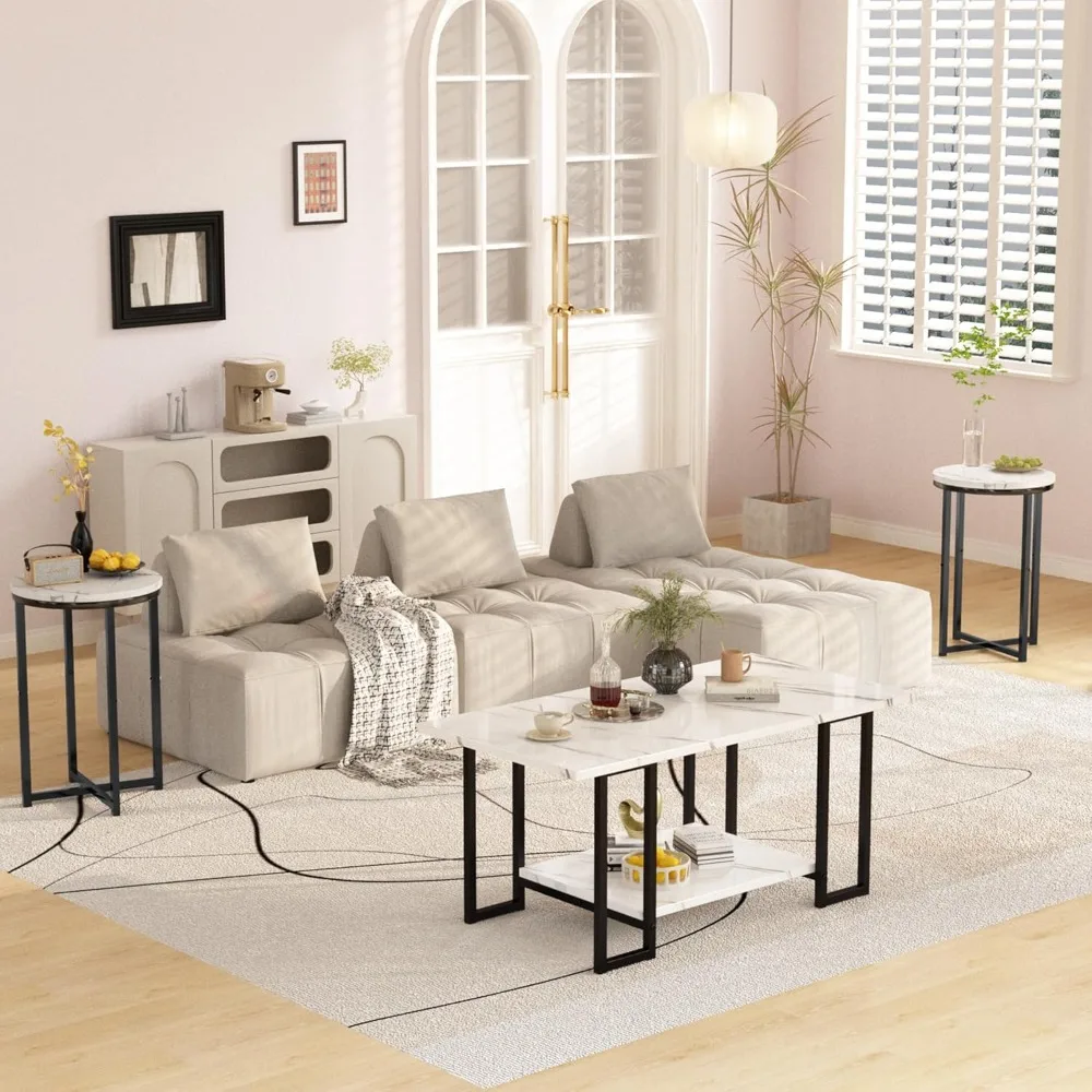 Faux Marble Living Room Table Set with 3 Pieces: Coffee Table and 2 Side Tables, Metal Frame Accent