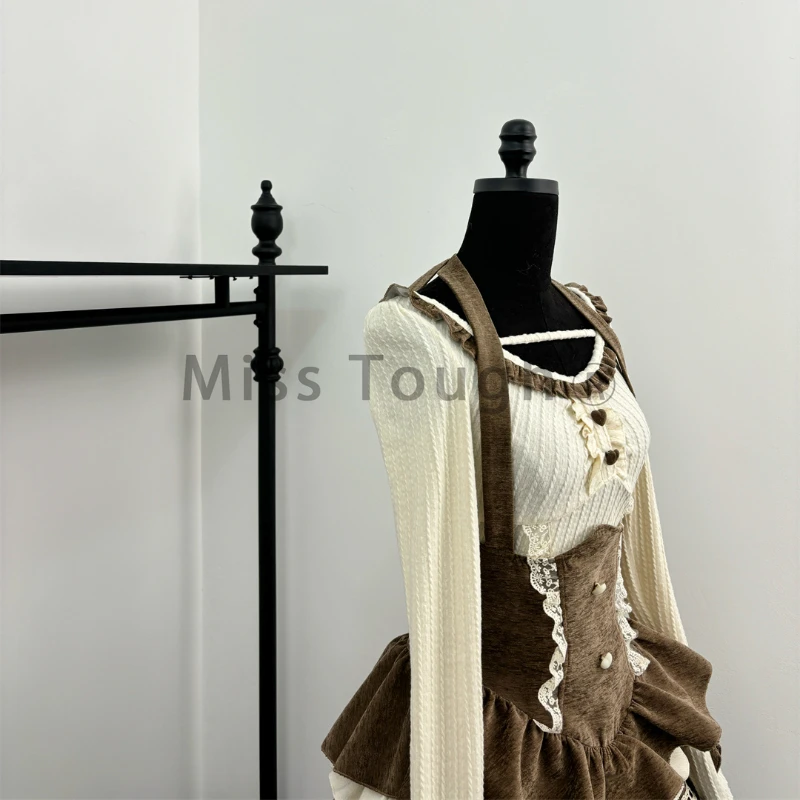 Vintage Plaid Sweet Lolita 3 Piece Set Winter Woman Harajuku Cute Bow Cloak +Slim Chic Blouse +Design Slip Dress Y2k Outfits New