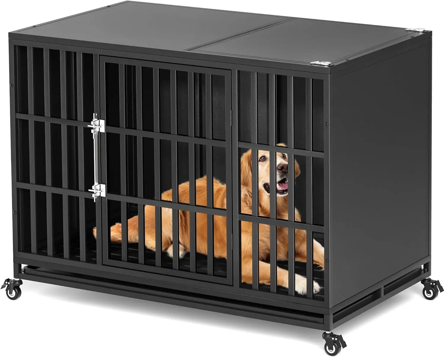48-Inch heavy duty dog crate with self-latch, impregnable large steel kennel with enclosed design