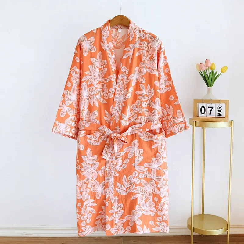 2024 Japanese Kimono Women\'s New 100% Cotton Loose Bathrobe Lace up Kimono Bathrobe Sweat Steaming Gown Pajama Ladies Sleepwear