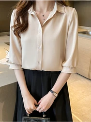 Silk Women Shirt Three Quarter Sleeve Blouses for Women Satin Blouses and Shirts Summer Fashion Women Clothing White Women Tops