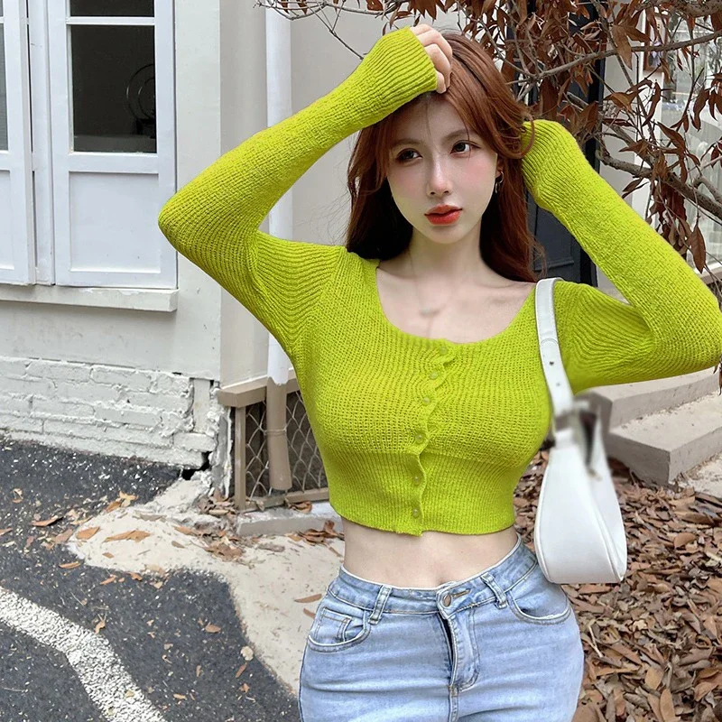 

Silk Cardigan Women's Thin Knit Shirt Square Neck Solid Color Air-conditioned Shirt Short Long Sleeved Tops