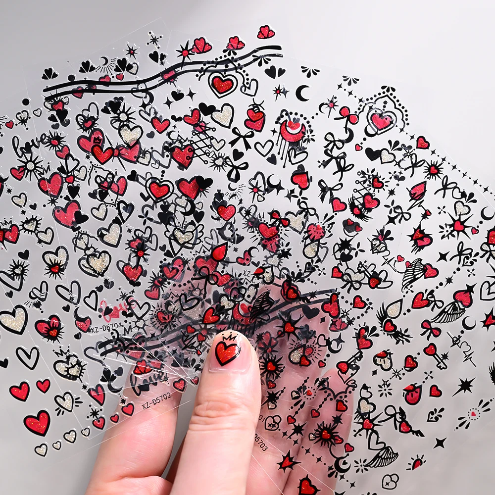 6 fogli di adesivi per nail art con glitter a forma di cuore d'amore 3D nero rosso abbinato con fiocco autoadesivo a forma di cuore fai da te cursore per unghie Y2K decorazione per unghie * #