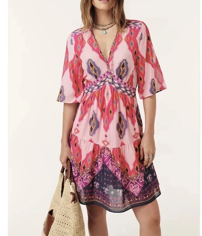 

BaAnBo Bohemian Vacation Style Printed V-neck Waist-cinched Women's Dress Short Skirt Commute High Waist Cotton Short Sleeve ...