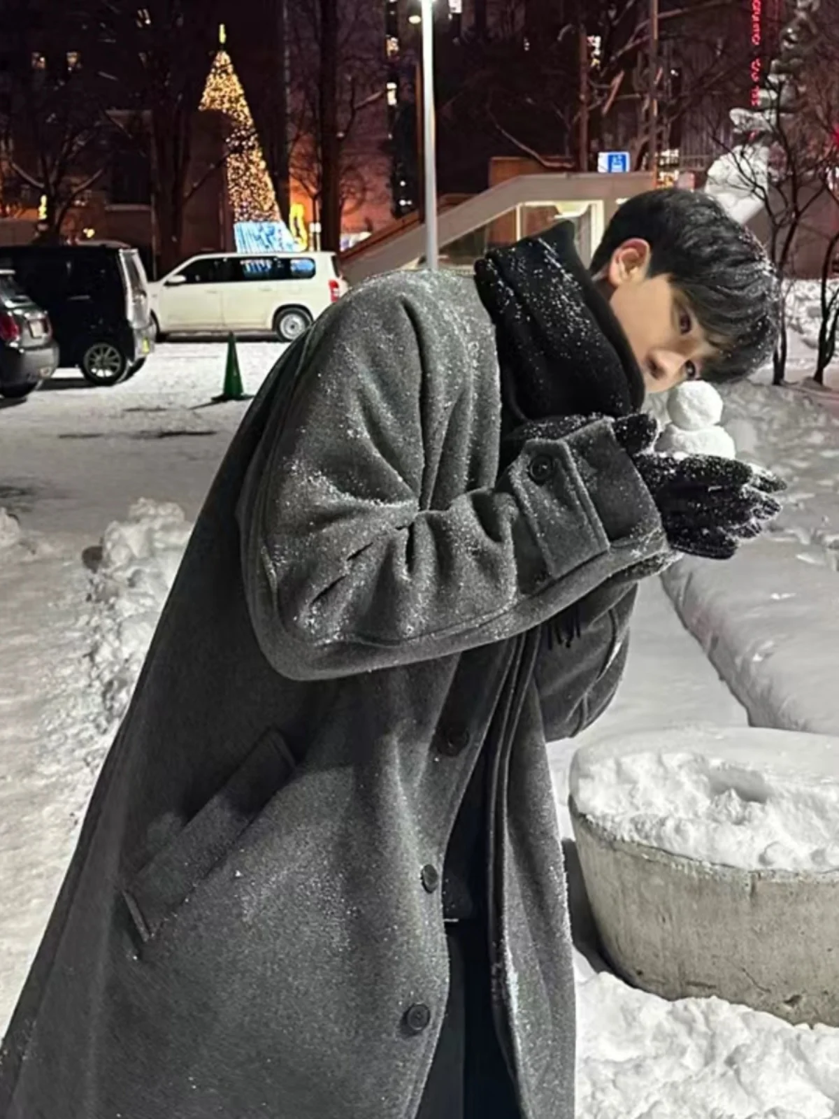 

Kolulu Korean Sle Men's Woolen Coat Long Lapel Windbreaker Outerwear Premium Feel Winter Faion Casual Loose Fit