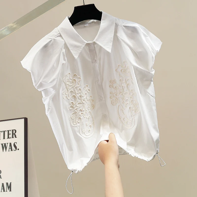 

Faionable Korean Sle Embroidered Heavy Work 3D Flower Decoration Women's ort Sve irt Design Sense Ele Top Trendy