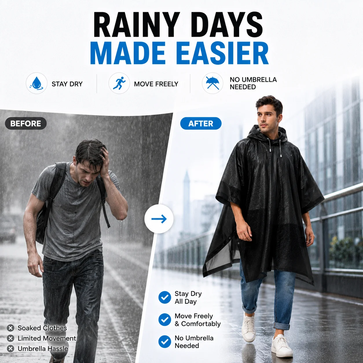 Emergency Poncho Rain - 3 in 1防水アウトドアポンチョ、フード付き袖付きレインコート、バイクカバー、キャンプ、ハイキング、旅行用緊急シェルター、レインコート