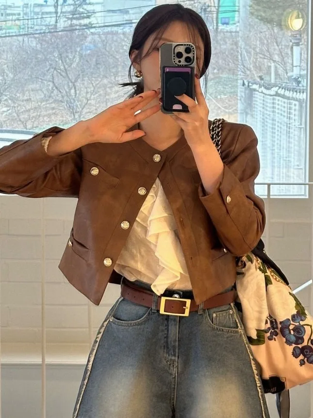 Rétro coréen Sle ample femmes motard Jaet rond Ne vêtements d'extérieur en cuir PU manteau BF vent v-ne Long Sve automne manteau