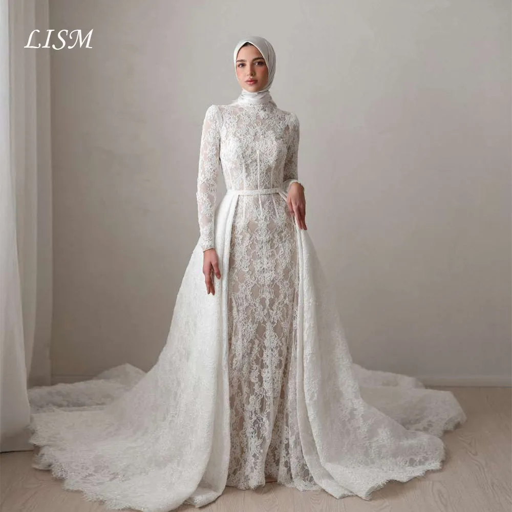 

Lism Customized Modest Lace Wedding Dress High Neck Full Sleeves Mermaid Detachable Train Muslim Bridal Gown Vestido De Novia