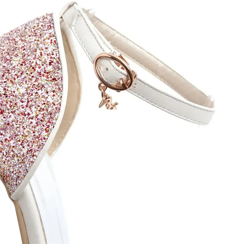 White Wedding Party Women Platform Sandals High Chunky Heels Pink Gold Sequined Cloth Party Office Lady Ankle Strap Summer Shoes view 5