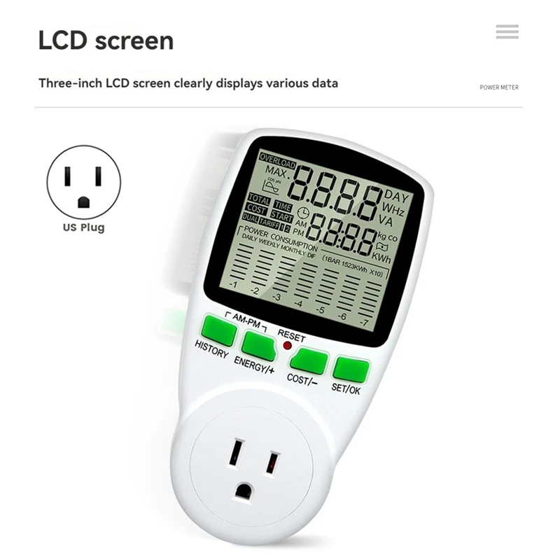 디지털 LCD 에너지 계량기 전력계 전력량, 전력 계량기 측정, 콘센트 전력 분석기, 미국 플러그