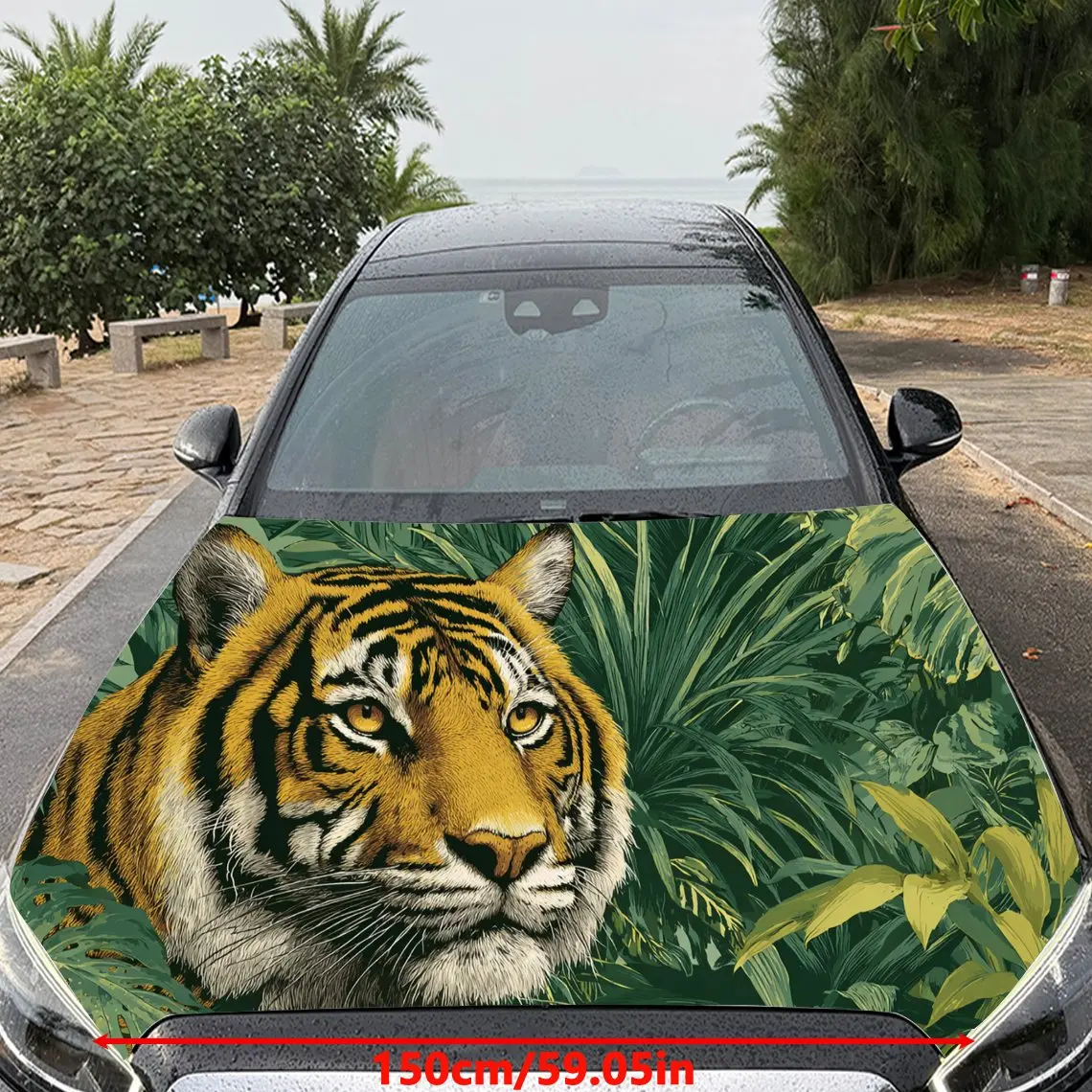 Car Decal Tiger in Lush Tropical Jungle Background & Artistic, Dynamic Visual Details Car Hood Sticker, Waterproof Self - Adhesi