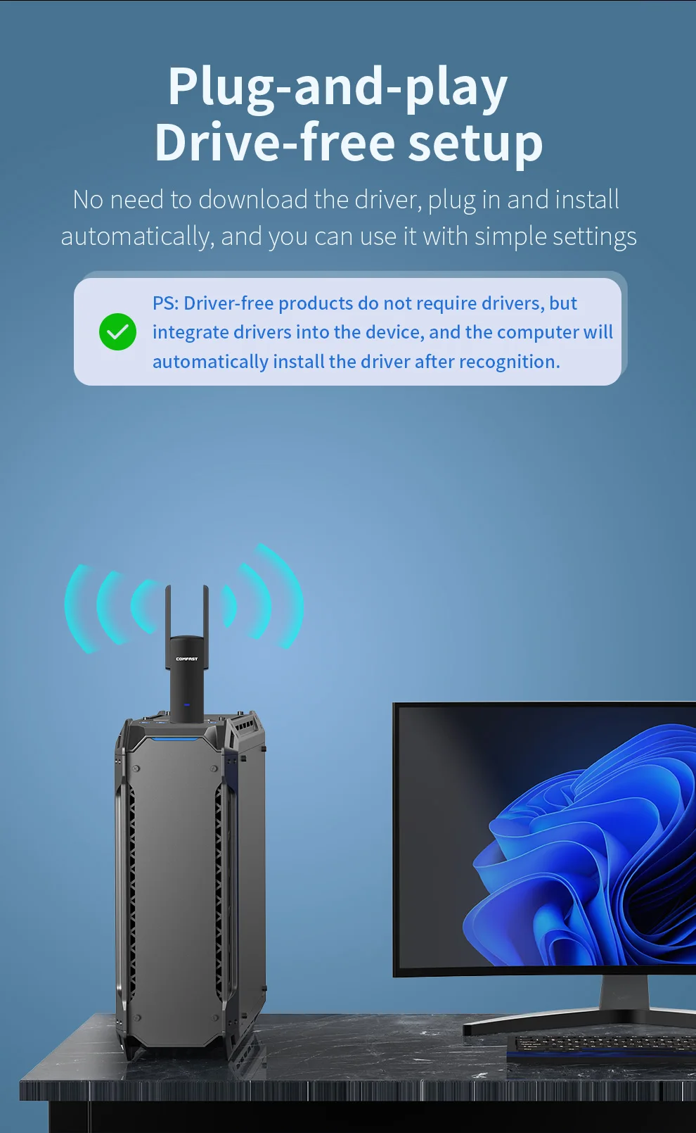 COMFAST-Drive Free Gigabit WiFi Adapter, Suporte a Placa de Rede Dual Band, WPA3, MU-MIMO, Dongle Sem Fio para Win 7, 8, 10, 11, 2.4G, 5G