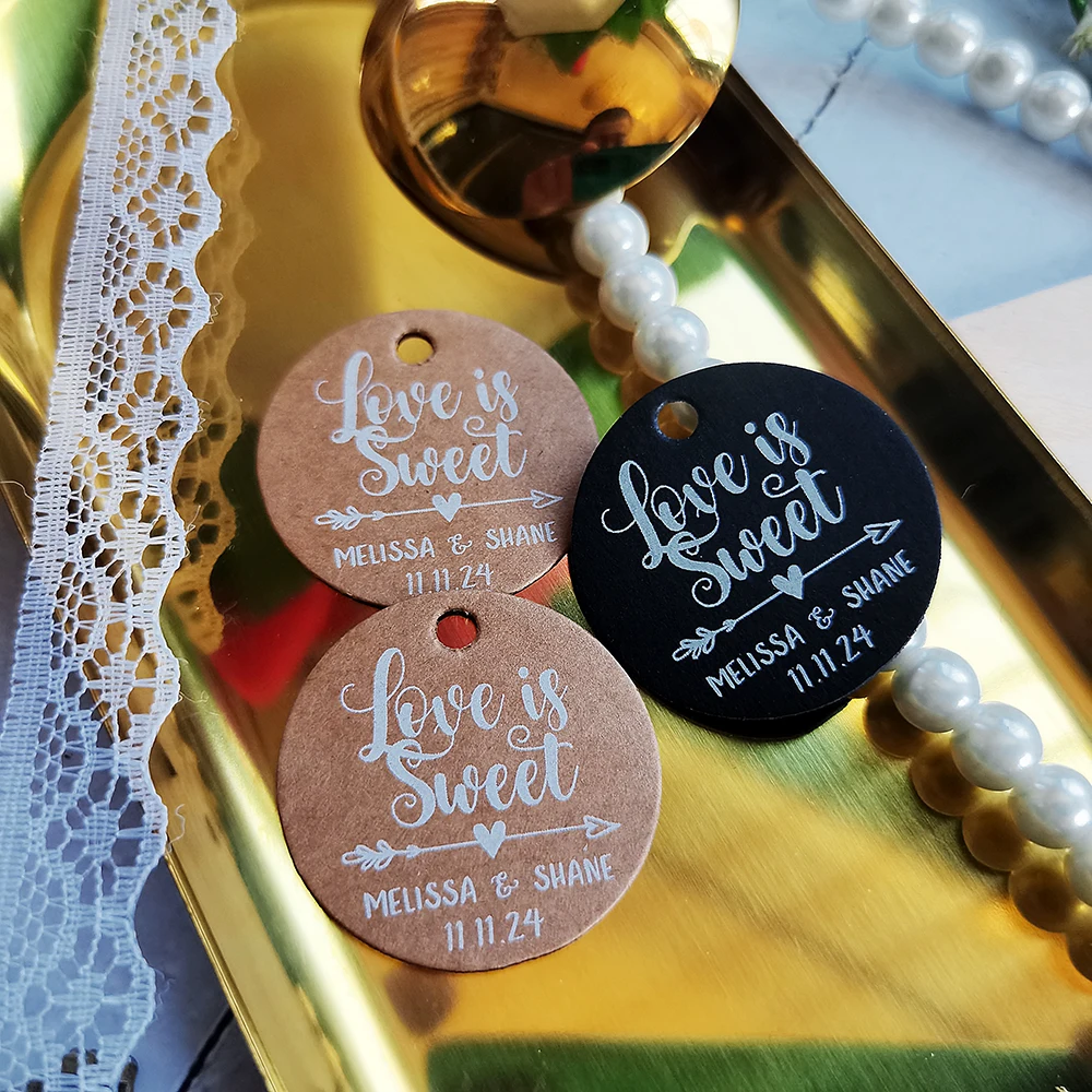 BY19-35mm Diameter White Text Print Tags Black Label Kraft Paper Labels Love Is Sweet Custom Wedding Favor and Gift Tags