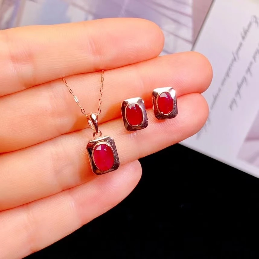 Natural Ruby Jewelry Set for Daily Wear 4mm*6mm Total 1.5ct Myanmar Ruby Ring and Earrings Solid 925 Silver Gemstone Jewelry