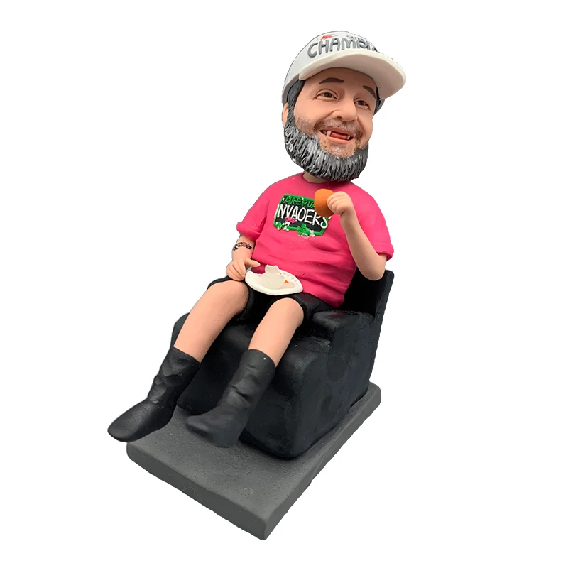 

Personalized Bobblehead Figurine, Smiling Bearded Man in Cap and T-Shirt, Handmade Statue Custom Sculpture,Birthday Gift 6"-9"