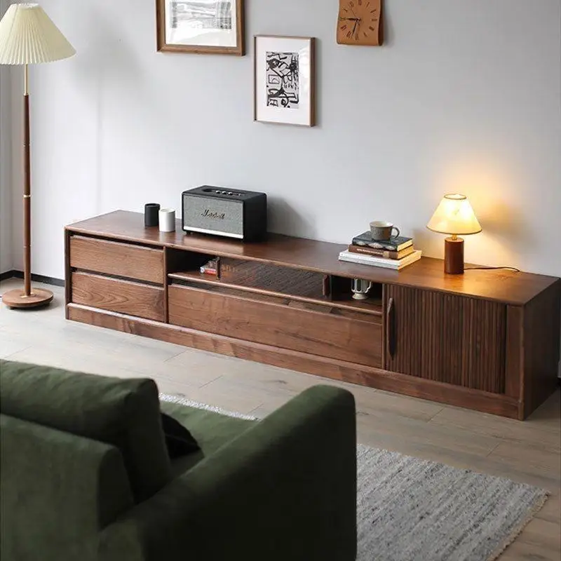 walnut color small apartment low cabinet, Nordic multi-functional living room storage cabinet, log audio-visual cabinet