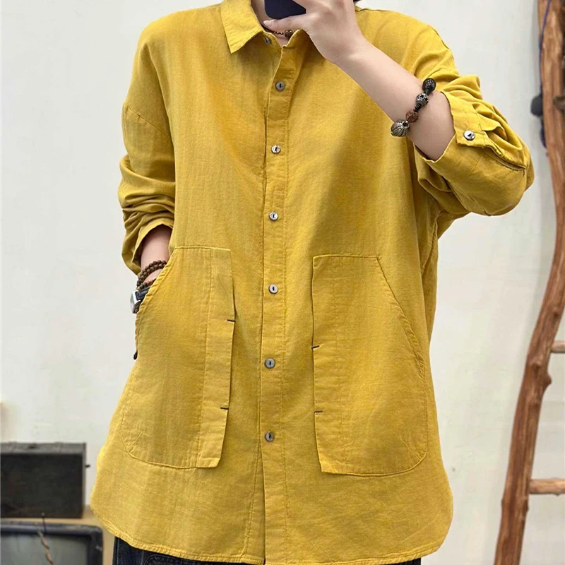 Masss Wasss 2025 Korean Ladies Fashion Autumn Casual Shirts Solid Cotton Tops Womens Loose Classic Elegant Long Sleeve Blouses