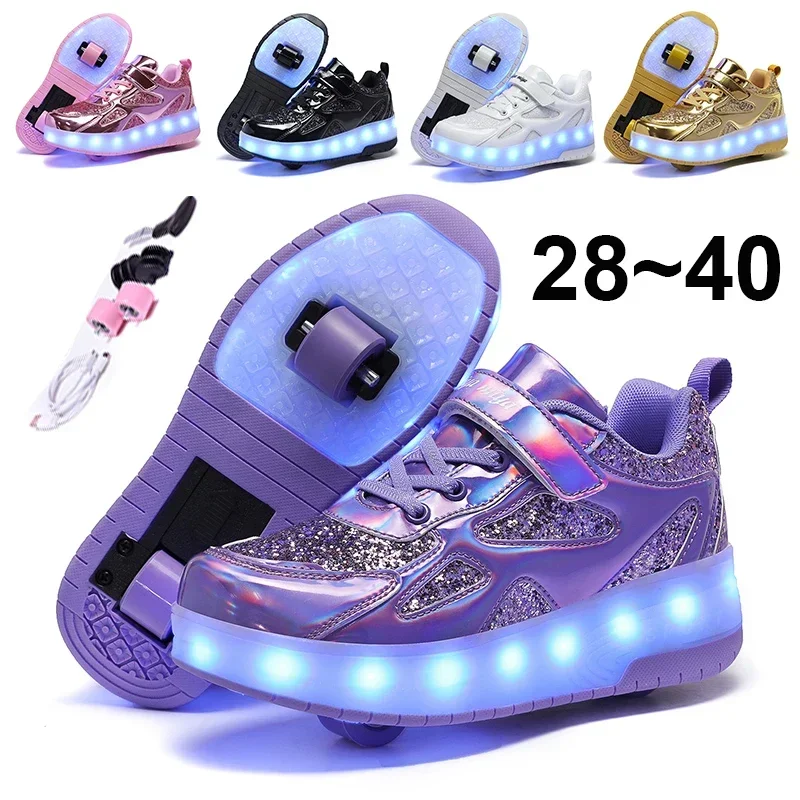 Zapatillas luminosas de dos ruedas para niños y niñas, zapatos de Skate con luz Led Rosa, con carga USB