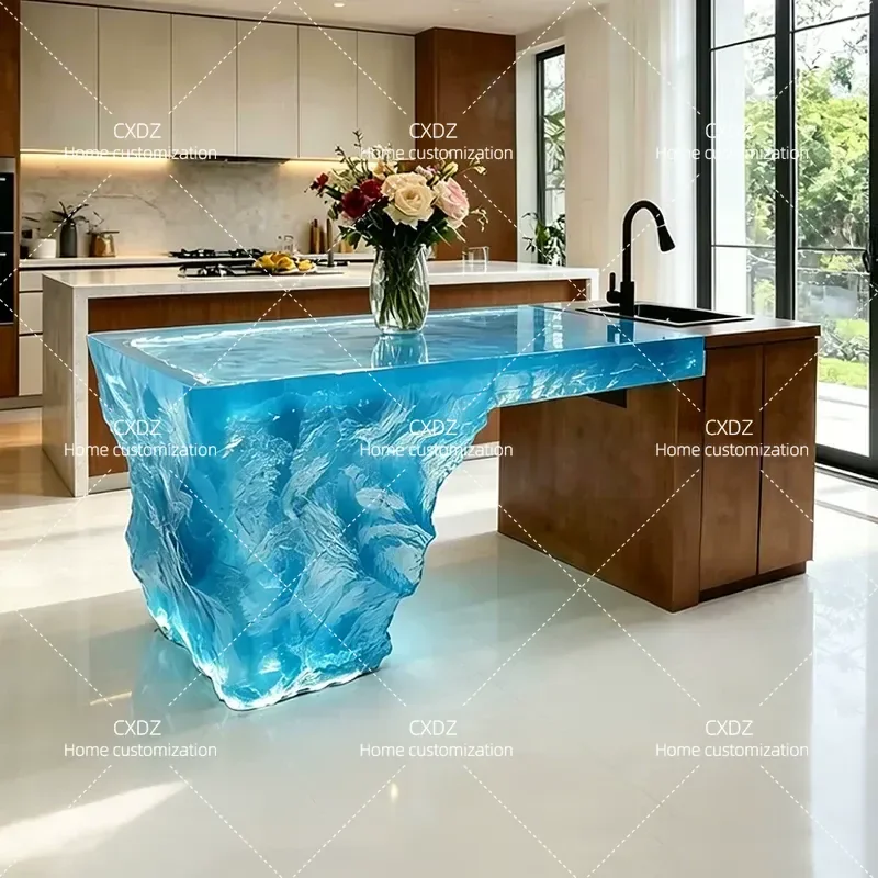 Transparent Luminous Island Dining Table Integrated Light Luxury Villa Partition Epoxy Resin Bar Table Custom Kitchen Cabinet