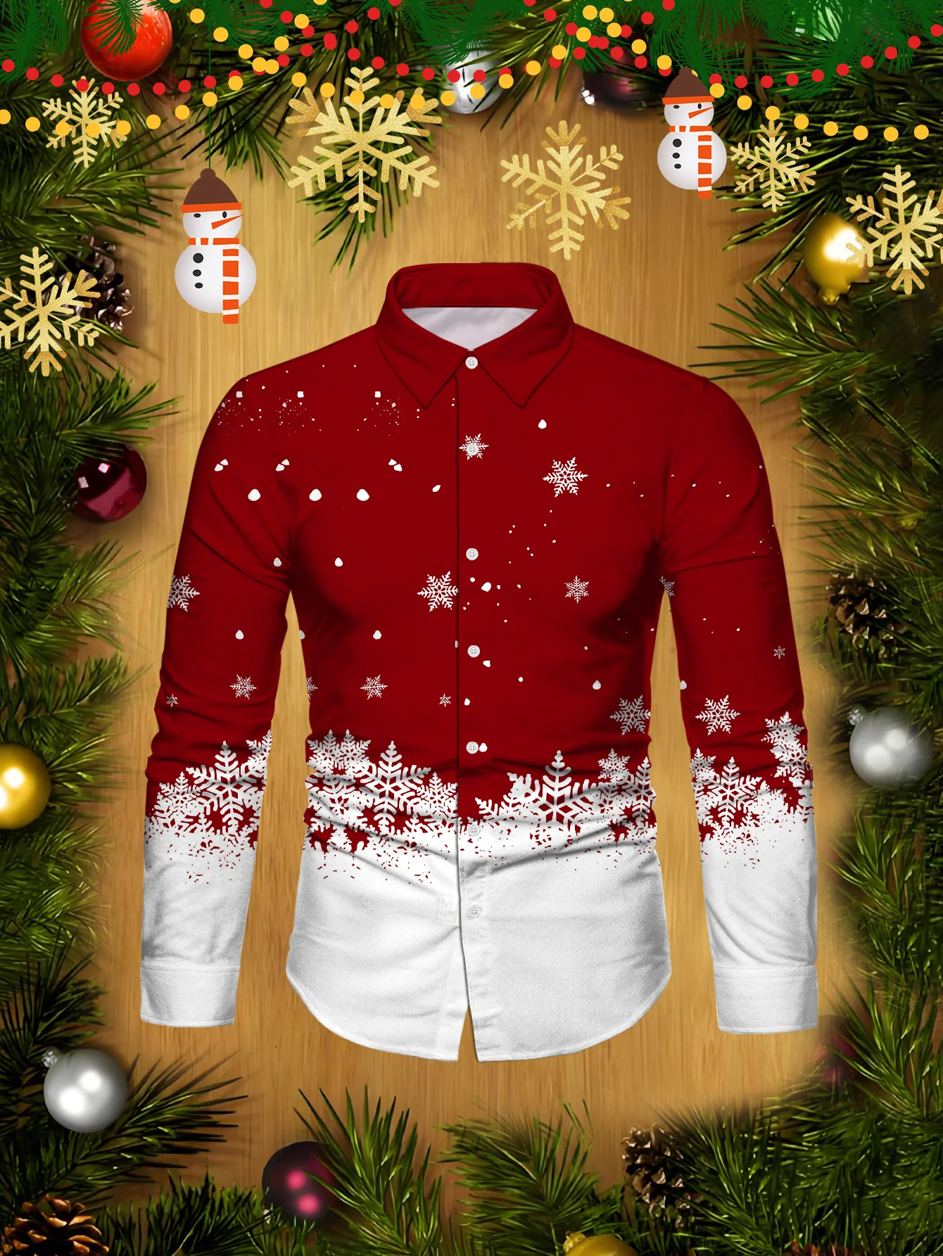 Men Christmas Long Sleeve Shirt Red White Gradient Snowflake Print Button Down Holiday Party