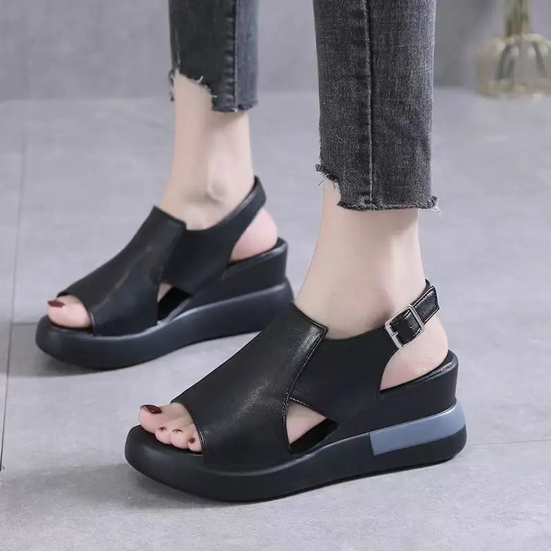 

Women Leather Big Size Wedges Peep Toe Sandals Summer New Thick Sole Lightweight Slip On Modern Sandals High Heel Sandals