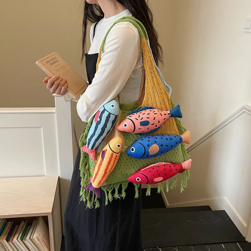 Funny Fish Knitted Tote Bag 2026 New Summer Cute Crochet Tassel Shoulder Bag Large Capacity Casual Beach Shopping Bag for Women