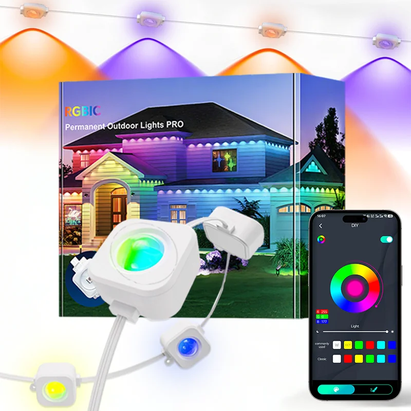 WIFI Smart Eaves RGBIC String Lights Permanent Outdoor LED Lights Eave Decor Light Waterproof Music Sync Holiday Decoration