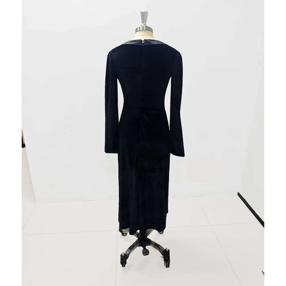 Black Women Evening Dress Long Sleeve O-Neck Tea-Length Velvet Straight Bow Special Occasion Elegant Female Prom Party 2025