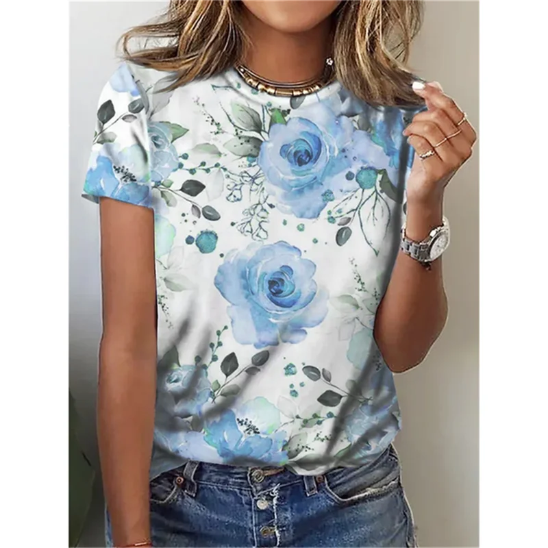 Fashion 3D Women\'s Flower T-shirt Fun Flower Pattern Short sleeved Girl T-shirt Summer Leisure O-neck T-shirt Women\'s Clothing