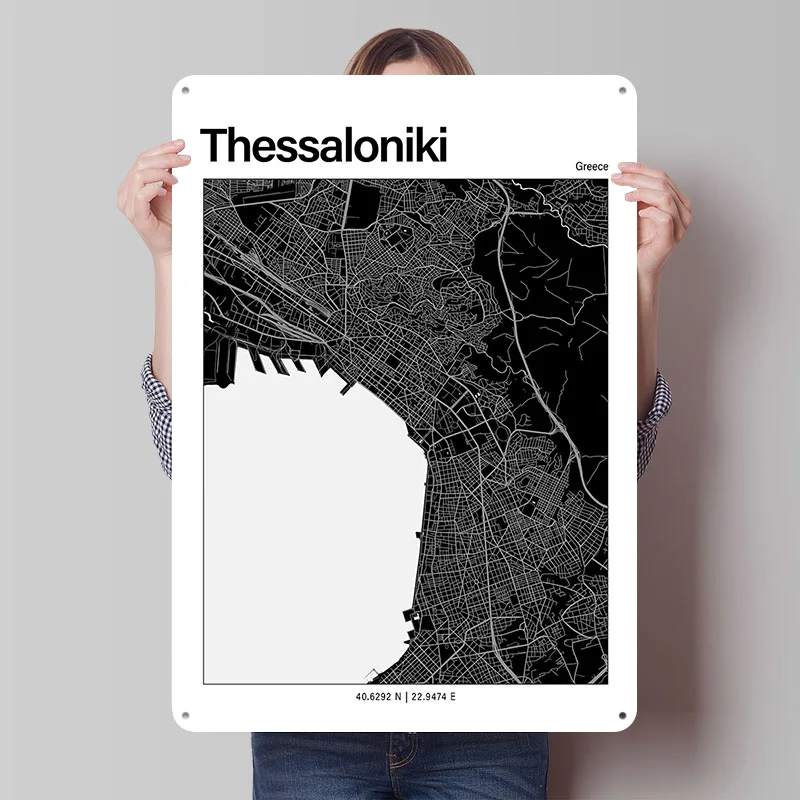 Thessaloniki Black and White Map Poster Customized Vintage Metal Signs Wall Art Retro Tin Plaque for House Decoration Home Decor