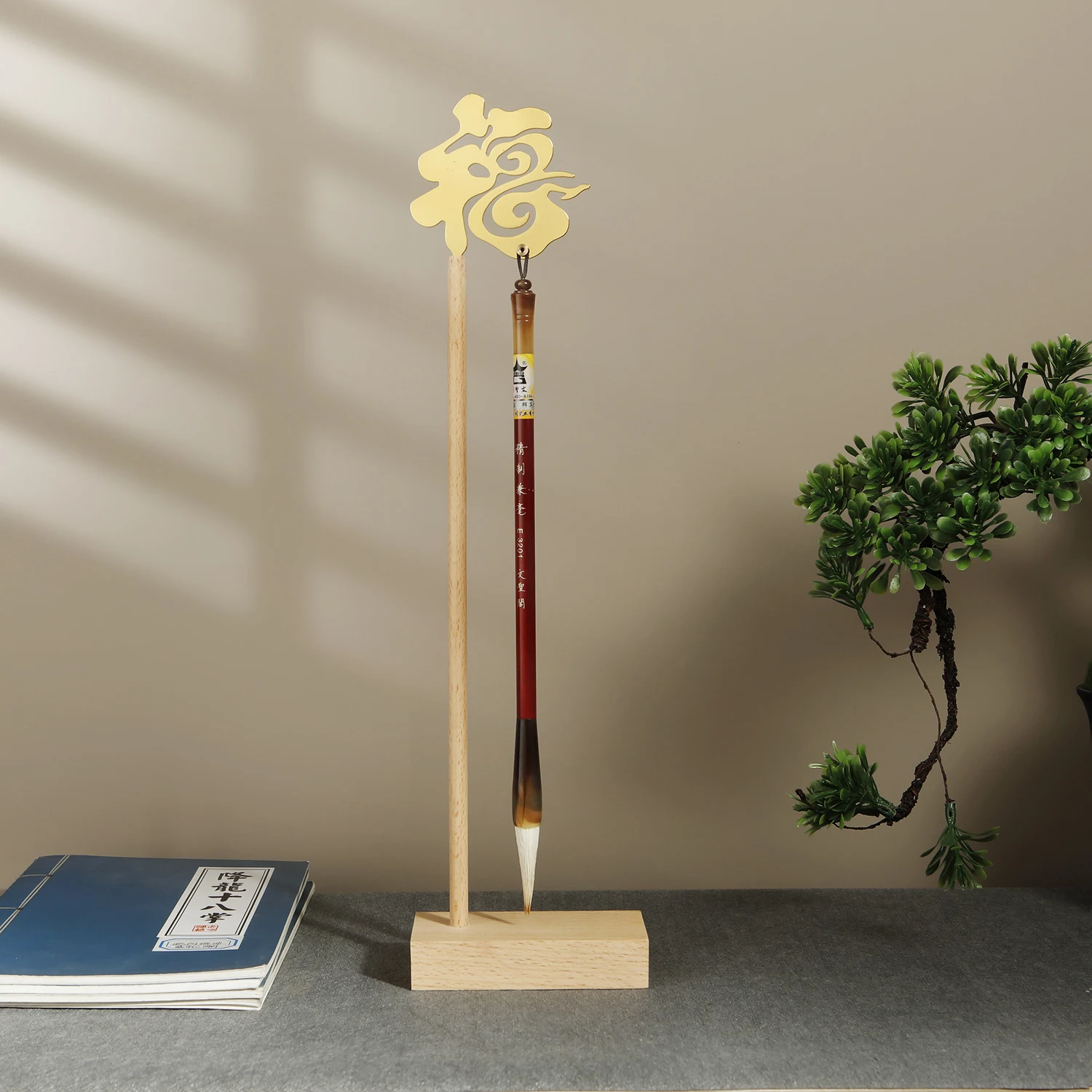 Chinesischer Fu-Pinsel-Stifthalter mit Holzsockel, Kalligraphie-Rest, Tintenaufhänger, Metall-Schreibpinselhalter, Schulbriefpapier – Detail 3