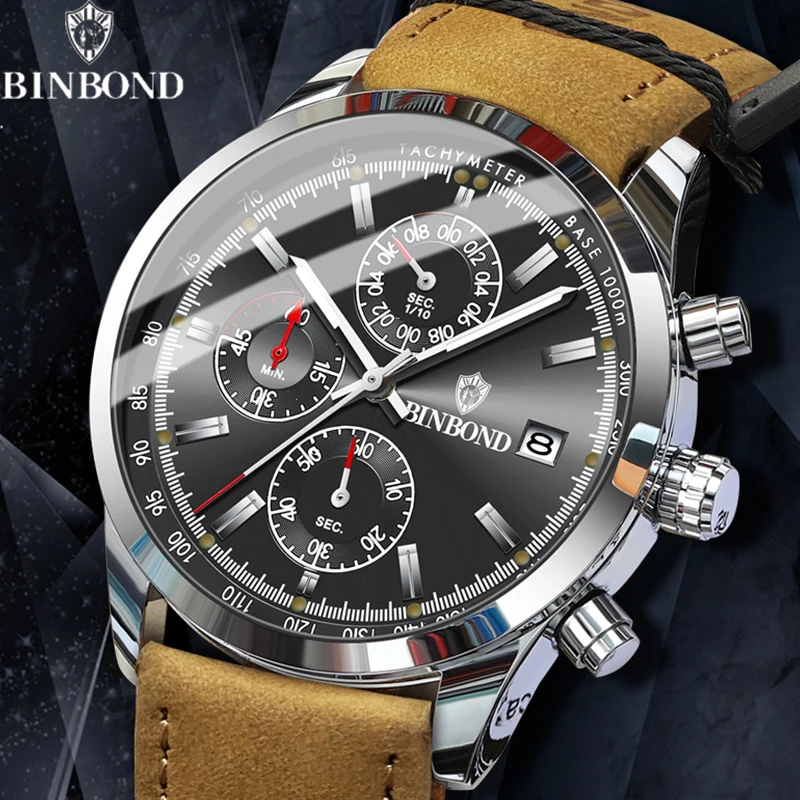 BINBOND Luxury Man Watch High Quality Waterproof Chronograph Luminous Men\'s Wristwatch Leather Men Quartz Watches Casual Clock