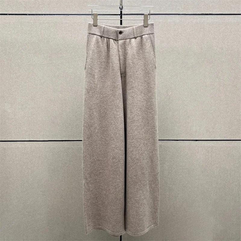 

Women's pants New elastic knitted slim straight leg pants for winter 2025 Elastic waist casual wide leg pants 100% wool trousers