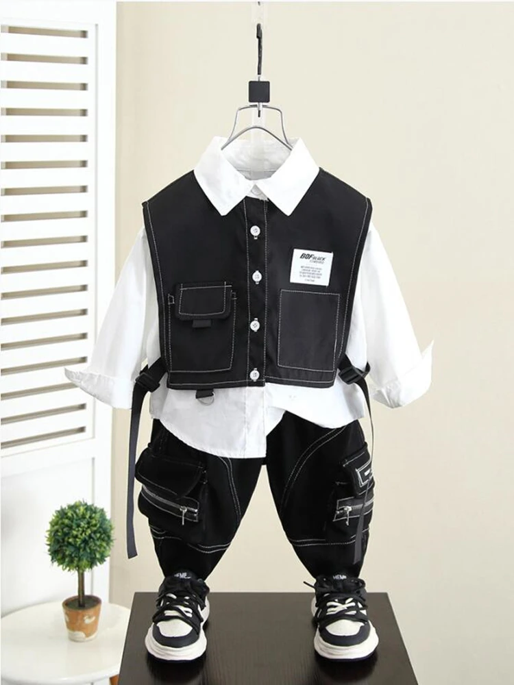 New Spring and Autumn Boys' Sets Children's Patchwork Shirt + Pants 2Piece Outfits Boys' Fashion Sets 2-10 Years