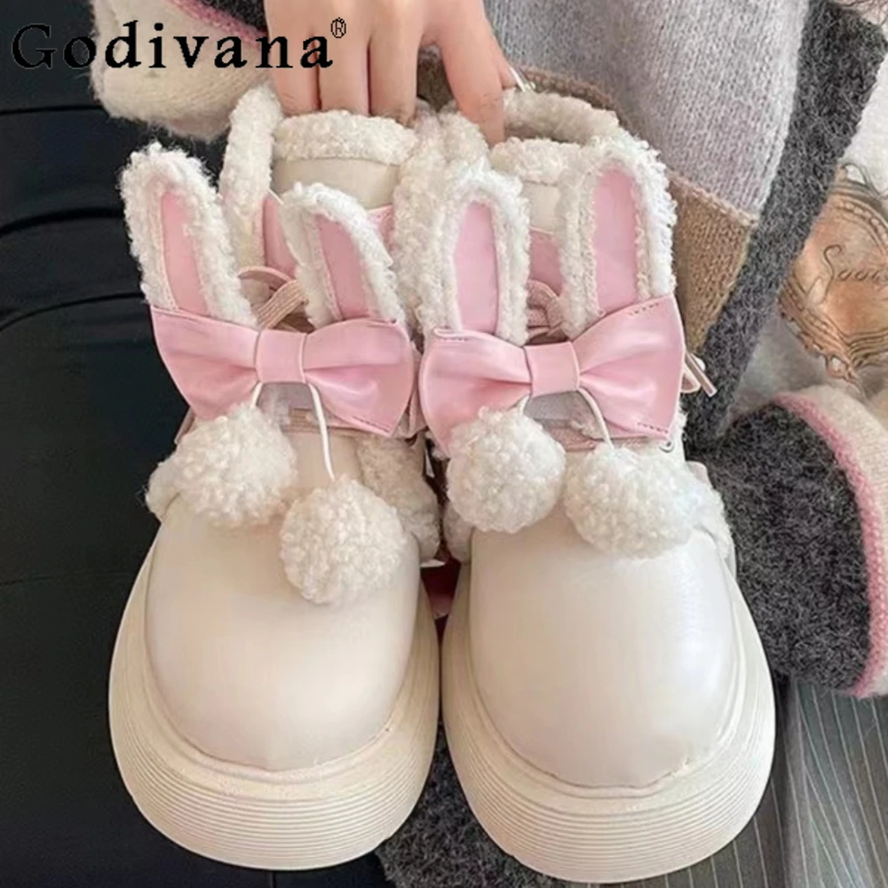 

Cute Lolita Bow Snow Boots Women Winter 2024 Piled Thickened Warm Thick Soled Fluffy Cotton Shoes for Women