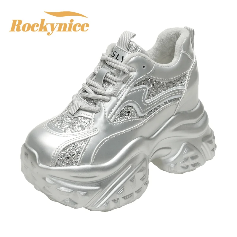 

10CM Heels Chunky Sneakers Winter Autumn Women Warm Snow Shoes Comfortable Casual Leather Shoes 2025 Fashion Bling Leather Shoes