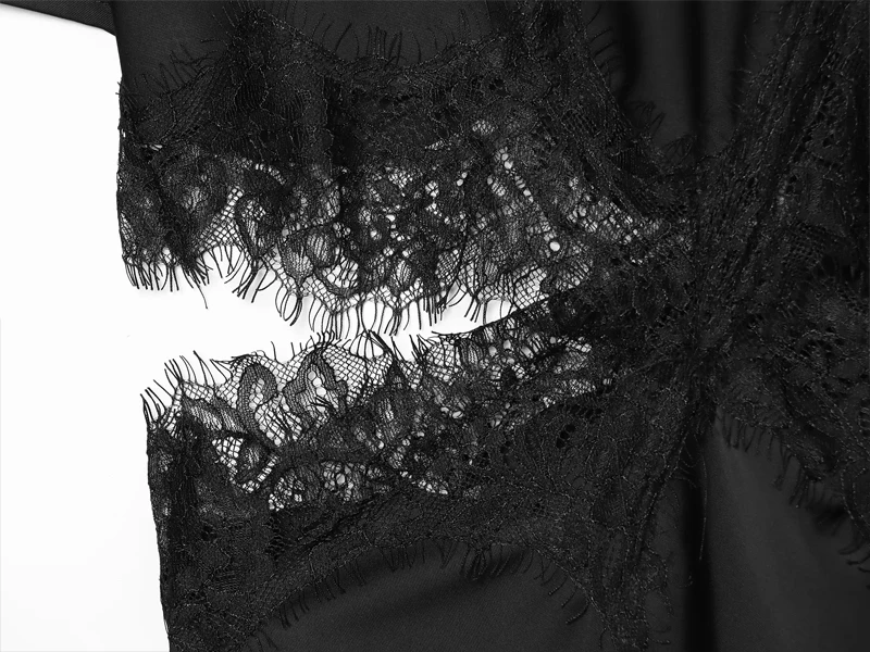 HXAO Spitzenkleider für Damen, Sommer, schwarzes Midi-Satin-Kleid, asymmetrisches, kurzärmeliges Kleid, elegantes, kokettes Partykleid – Detail 7