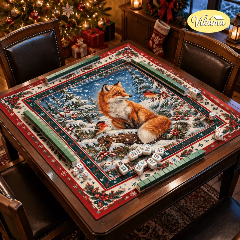 VIKAMA Christmas Mahjong Table Mat, Winter Snow Scene with Fox and Robin, Non-Slip Square Tablecloth, Holiday Party Home Decor