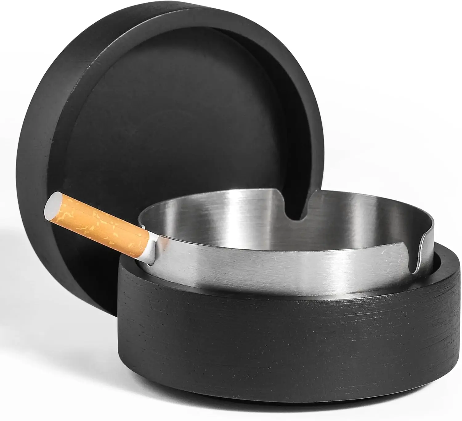 

Windproof Wooden Ashtray with Lid & Stainless Steel Liner, Portable Decorative for Home, Office, Outdoors, Parties (Black)