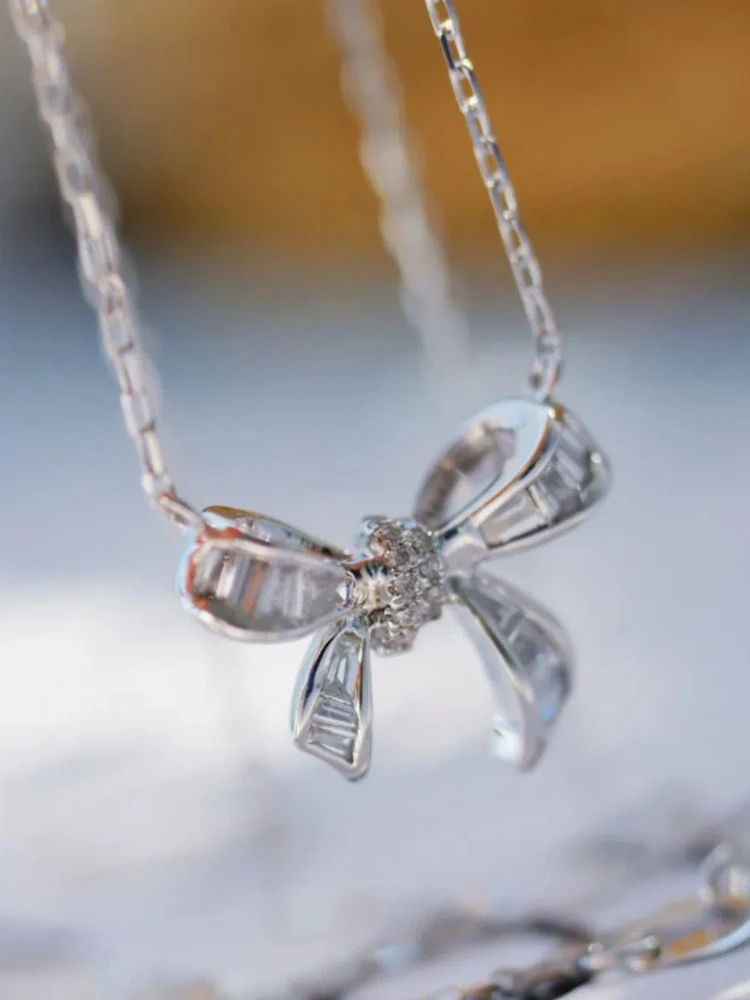 

Женское ожерелье из стерлингового серебра 925 пробы, милый бант, кулон с цирконием, ожерелье, французские украшения для повседневной носки, подарки для праздничной вечеринки