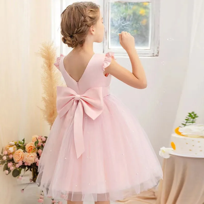 

2-10 Years Girls Princess Dress Summer Tulle Big Bow Wedding Dress Piano Performance Costume Host Costume Children's Clothing